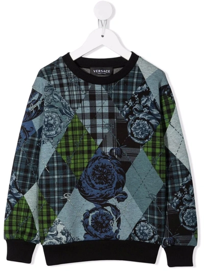 Shop Versace Mix-print Ribbed-trim Sweatshirt In Blue