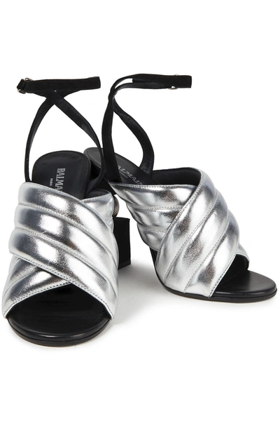 Balmain Jana Quilted Metallic Leather And Suede Sandals In Silver | ModeSens