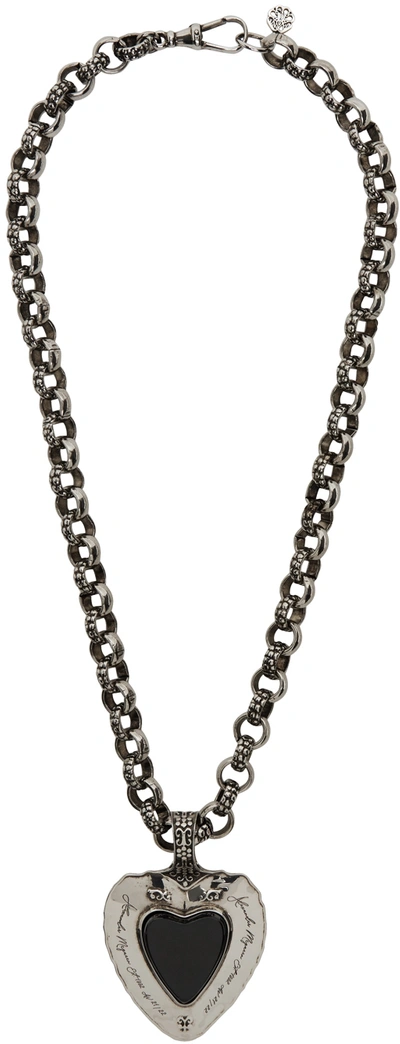 Shop Alexander Mcqueen Silver Dove And Heart Pendant Necklace In 1060 A.silver/black