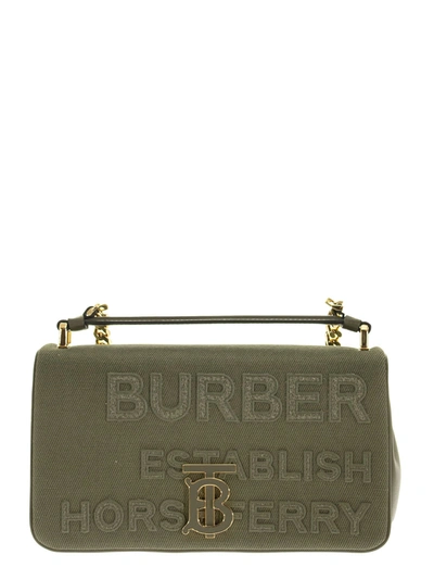 Shop Burberry Small Lola Bag In Cotton And Linen Canvas With Horseferry Lettering In Dark Fern Green