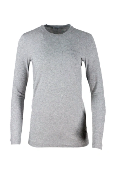 Shop Brunello Cucinelli Long-sleeved Crew Neck T-shirt With Pocket And Monili In Grey