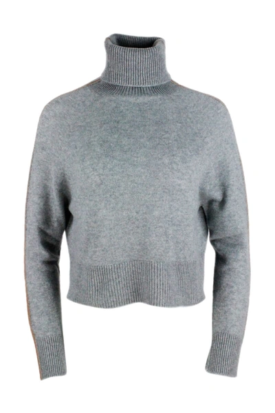 Shop Lorena Antoniazzi Turtleneck Cashmere Sweater With Fine Band In Contrasting Color. In Grey
