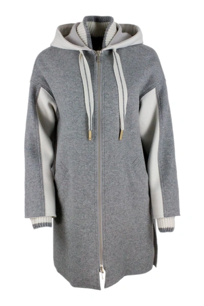 Shop Lorena Antoniazzi Wool Cloth Coat With Hood And Knitted Collar And Zip Closure In Grey