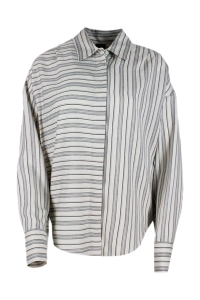 Shop Lorena Antoniazzi Striped Silk Blend Shirt With Soft Oversized Volume In Beige