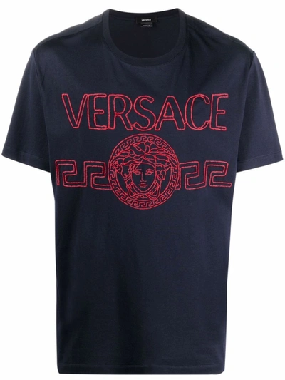Shop Versace Embroidered-logo Short-sleeve T-shirt In Blue