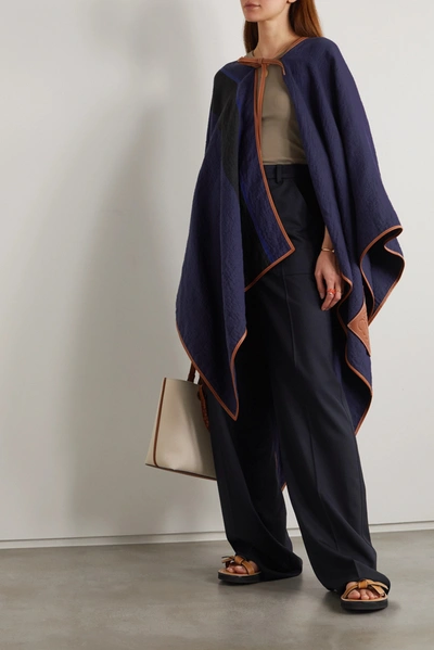 Shop Loewe Striped Leather-trimmed Crinkled Linen, Cotton And Silk-blend Cape In Blue