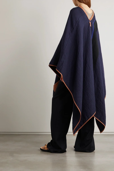 Shop Loewe Striped Leather-trimmed Crinkled Linen, Cotton And Silk-blend Cape In Blue