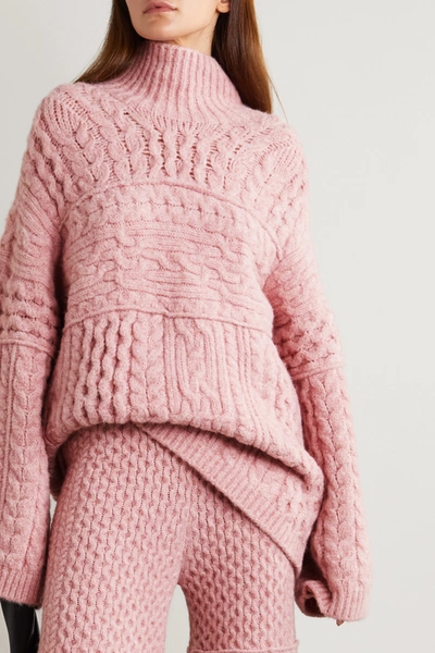 Shop Nanushka Raw Cable-knit Turtleneck Sweater In Pink