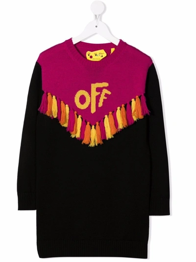 Off-white Kids' Colorblock Tassel Sweater Dress In Black