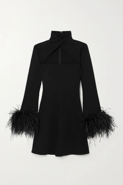Shop 16arlington Odessa Twist-front Feather-trimmed Crepe Mini Dress In Black