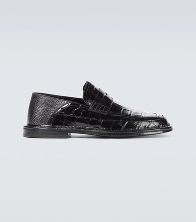 Shop Loewe Croc-effect Leather Loafers In Black