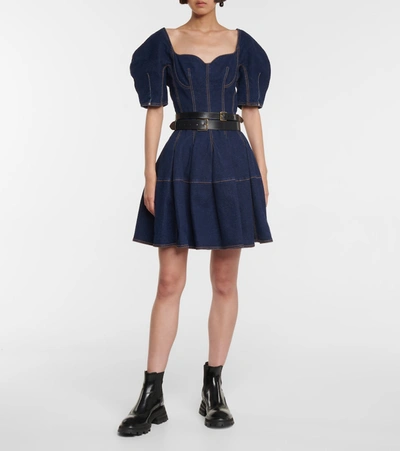 Shop Alexander Mcqueen Cacoon-sleeved Denim Mini Dress In Blue