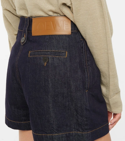 Shop Loewe High-rise Leather-trimmed Denim Shorts In Blue