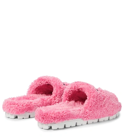 Shop Prada Logo Faux Shearling Slides In Pink
