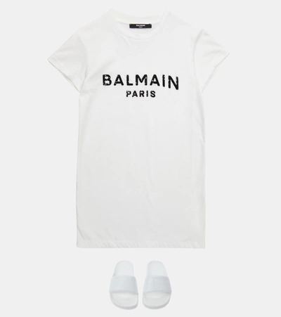 Shop Balmain Logo Cotton T-shirt Dress In White