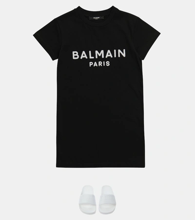 Shop Balmain Logo Cotton T-shirt Dress In Black