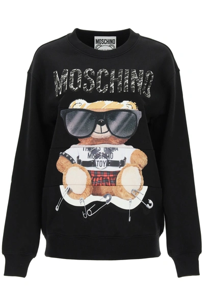 Shop Moschino Teddy Logo Print Crewneck Sweatshirt In Black