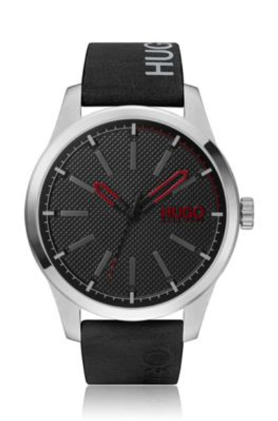 Shop Hugo Boss - Stainless Steel Watch With Logo Printed Black Leather Strap In Assorted-pre-pack