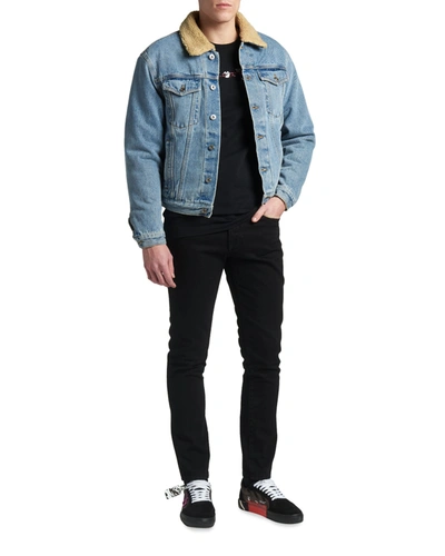 Shop Off-white Men's Denim Jacket With Shearling Collar In Bleach Indigo