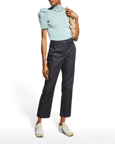 Shop Alice And Olivia Issa Turtleneck Puff-sleeve Pullover Top In Waterfall