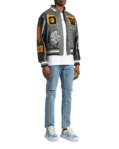 Shop Off-white Men's Leather Logo Varsity Jacket In Medium Grey Multi