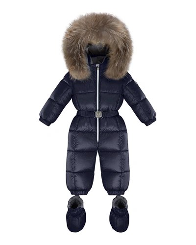 Shop Moncler Girl's Jean Fur-trim Hooded Snowsuit In 742 Navy