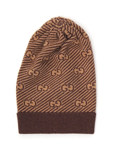 Shop Gucci Kids Gg Intarsia Beanie In Brown