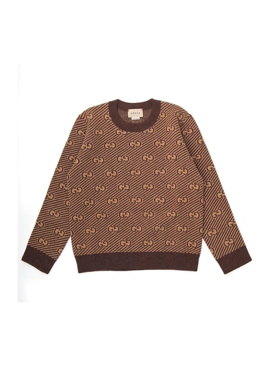 Shop Gucci Kids Gg Intarsia Sweater In Brown