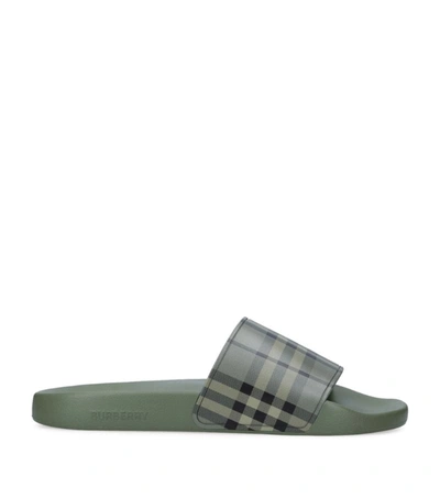 Shop Burberry Check Furley Slides In Green