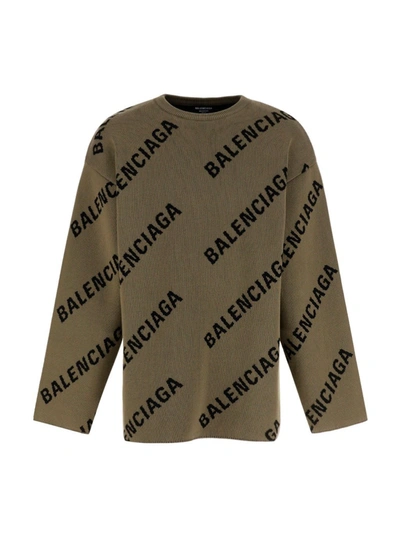 Shop Balenciaga Allover Logo Intarsia Sweater In Green