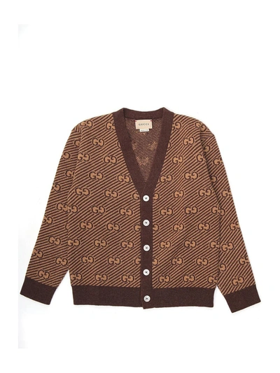 Shop Gucci Kids Gg Intarsia Cardigan In Brown