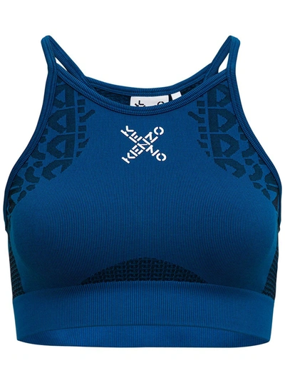 Shop Kenzo Logo Printed Cropped Sports Bra In Blue