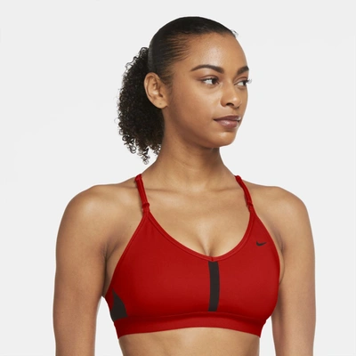 Shop Nike Dri-fit Indy Women's Light-support Padded V-neck Sports Bra In Chile Red,black,chile Red,black