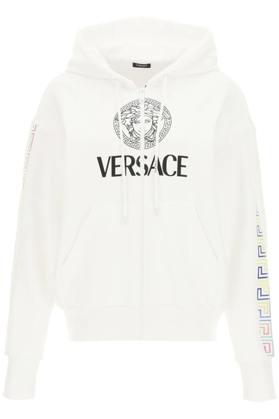 Shop Versace Logo Sweatshirt With Hoodie In White