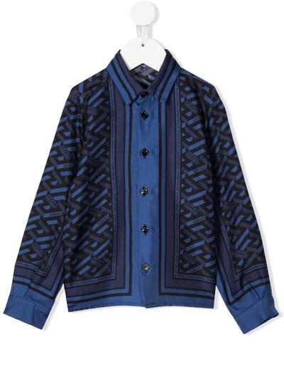Shop Versace Logo-print Silk Shirt In Blue
