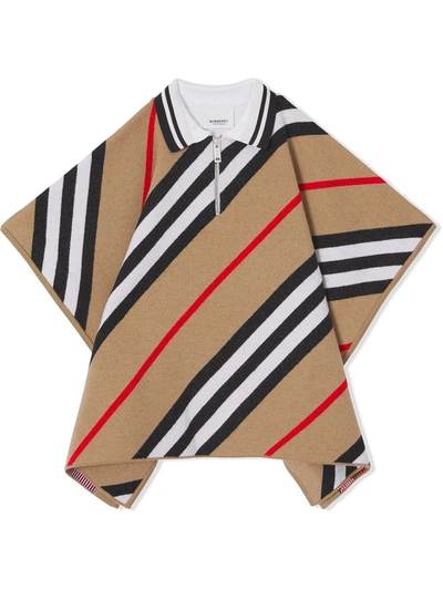 Shop Burberry Kids Icon Stripe Knitted Cape In Beige