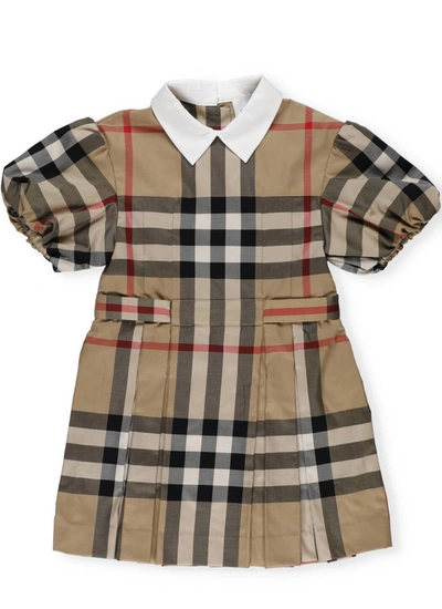 Shop Burberry Kids Puff Sleeve Check Print Dress In Beige