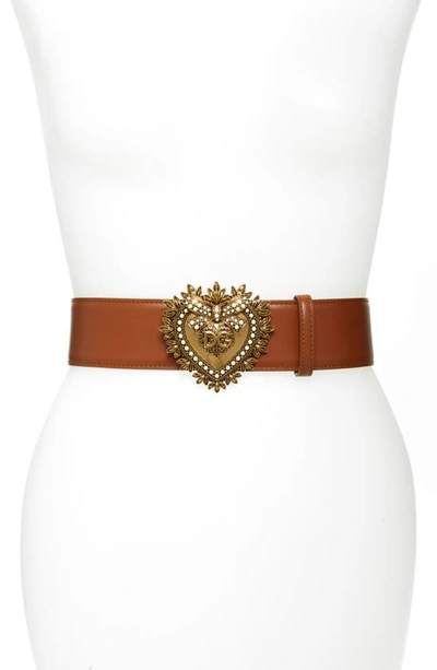 Shop Dolce & Gabbana Devotion Logo Heart Buckle Leather Belt In Brown