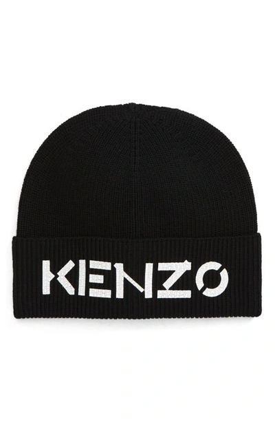Shop Kenzo Crackled Logo Wool Beanie In Black