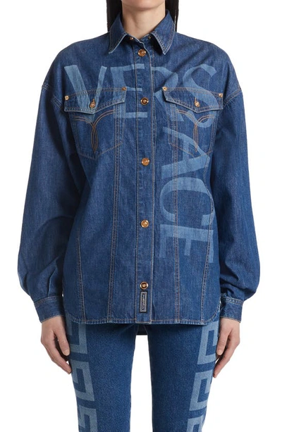 Shop Versace Logo Oversize Denim Shirt Jacket In 1d100 Dark Blue