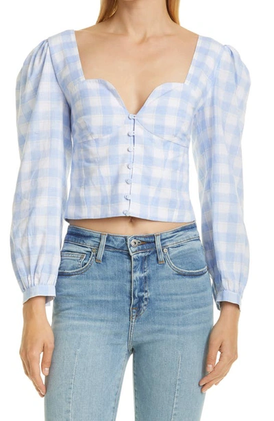 Shop Jonathan Simkhai Standard Mary Jane Plaid Cotton & Linen Crop Blouse In Blue Plaid