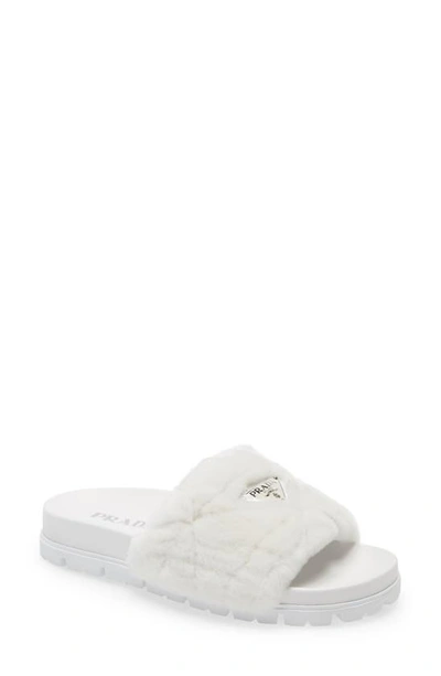 Shop Prada Logo Genuine Shearling Slide Sandal In Bianco