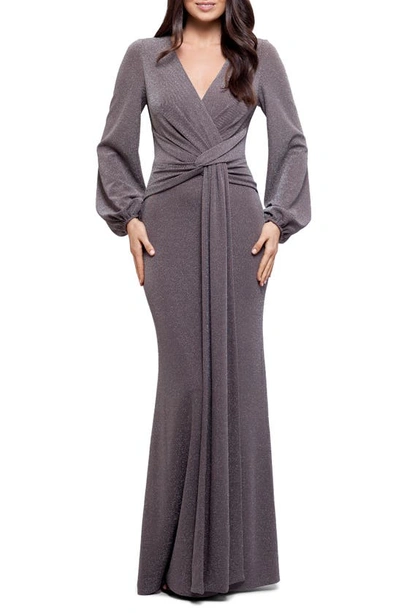 Shop Betsy & Adam Metallic Knit Long Sleeve Gown In Taupe/ Silver
