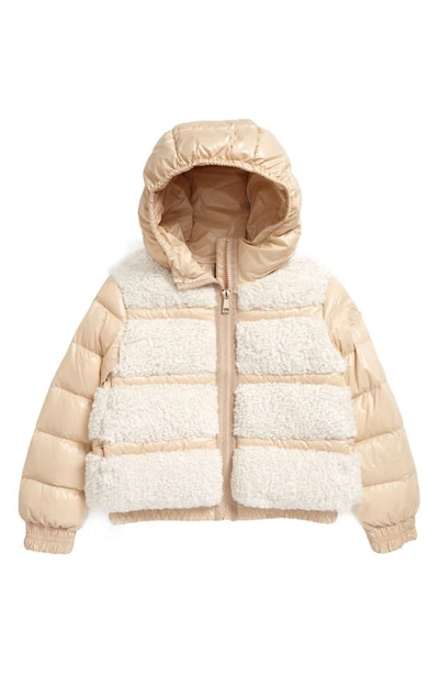 Shop Moncler Kids' Gentiane Faux Shearling Hooded Down Jacket In Beige