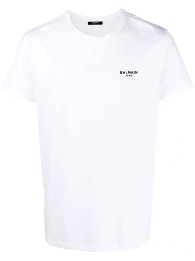 Shop Balmain Flocked Logo Cotton T-shirt In Weiss