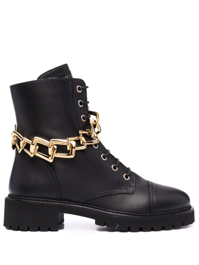Giuseppe Zanotti Black Leather Biker Boots With Oversized Gold Chain Detail In Black