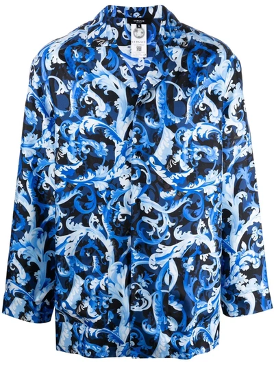 Shop Versace Baroccoflage-print Silk Pajama Shirt In 蓝色