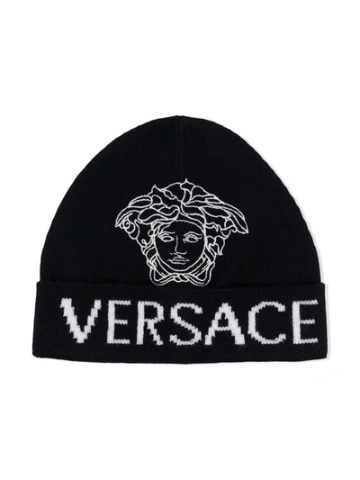 Shop Versace Two-tone Intarsia-knit Hat In 黑色