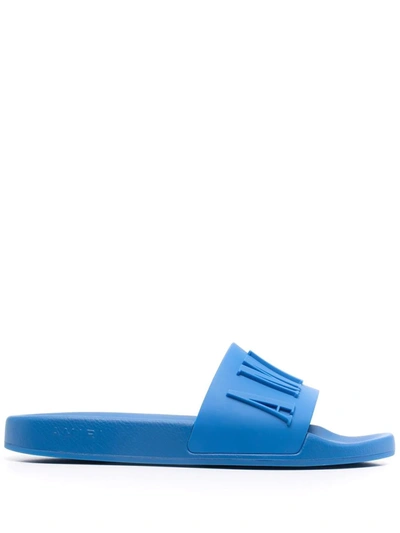 Shop Amiri Logo-embossed Open-toe Slides In Blue