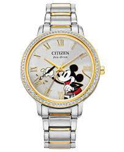 Shop Citizen Mickey Mouse Eco-drive Crystal Silver Dial Ladies Watch Fe7044-52w In Two Tone  / Gold Tone / Silver / Yellow